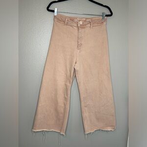 Zara Baggy Wide Leg Jeans Womens Size 8 Pink High Rise Capri Frayed
